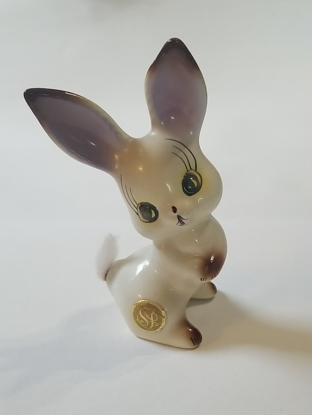 Vintage Anthropomorphic Ceramic Rabbit With Fur Tail Mid-Century Figurine